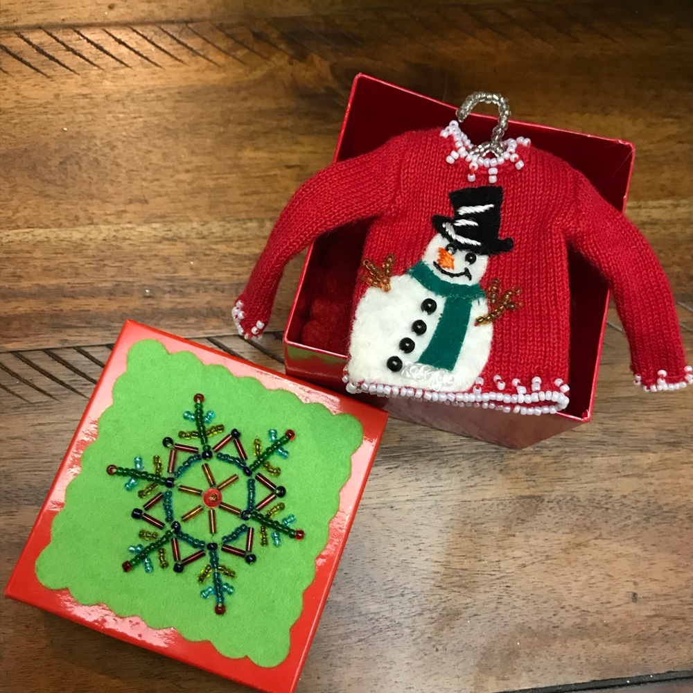Vintage Michael Simon Mini Sweater Christmas Ornament Red Snowman in Box